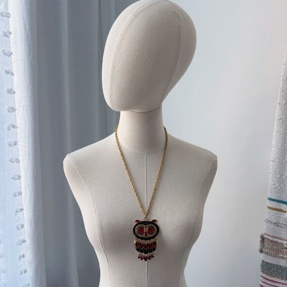 Vintage Gold Tone Red Owl Big Statement Estate Necklace 23.5” Jewelry Fashion - Picture 3 of 7